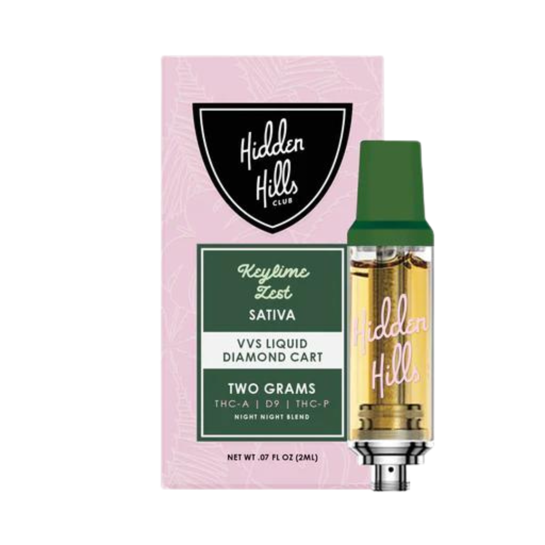 Hidden Hills Night Night Blend 2g VVS Liquid Diamonds Live Resin Cartridge Vape Hidden Hills Keylime Zest Sativa  