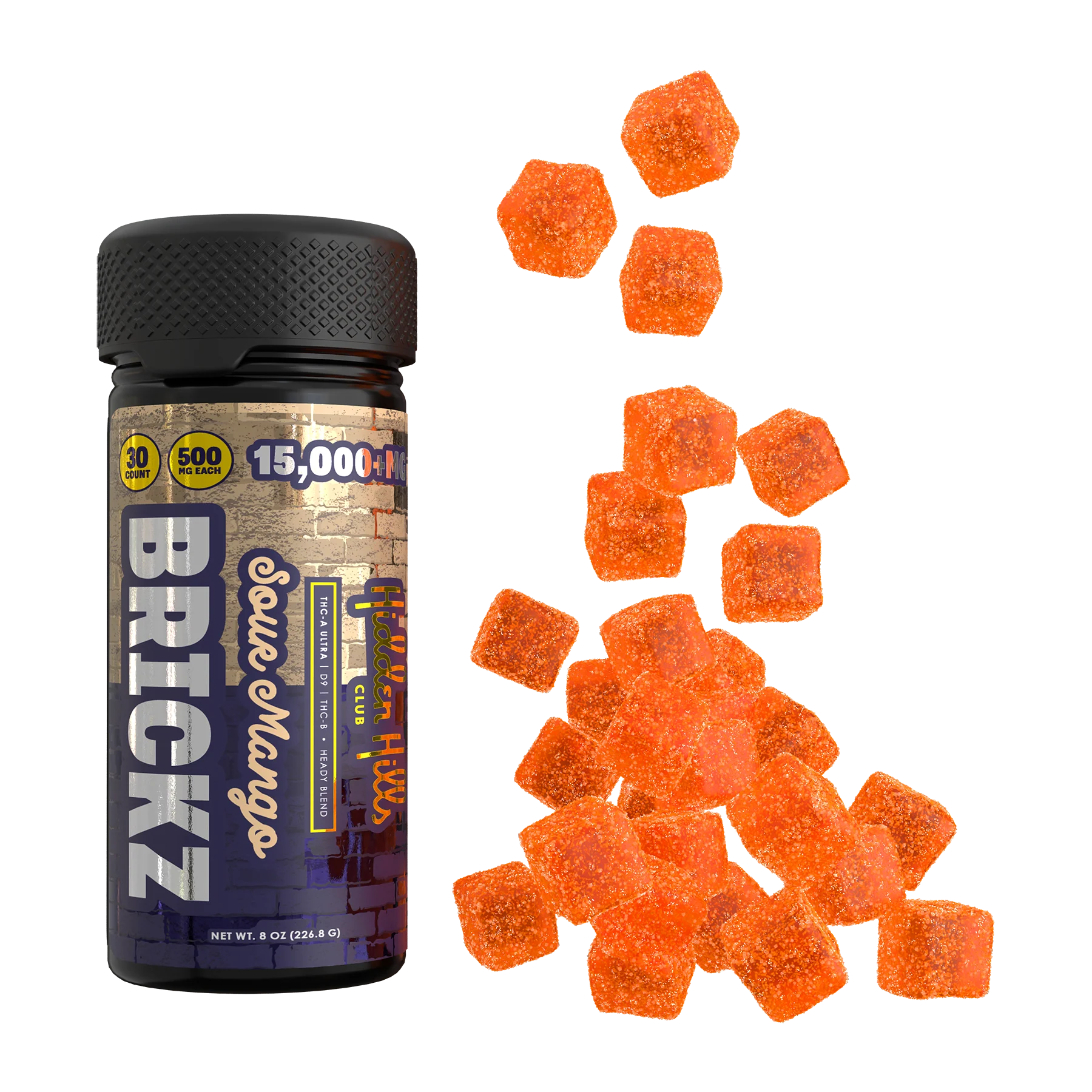 Hidden Hills Brickz Heady Blend | 15000mg Edibles - 30 Count Edibles Hidden Hills Sour Mango