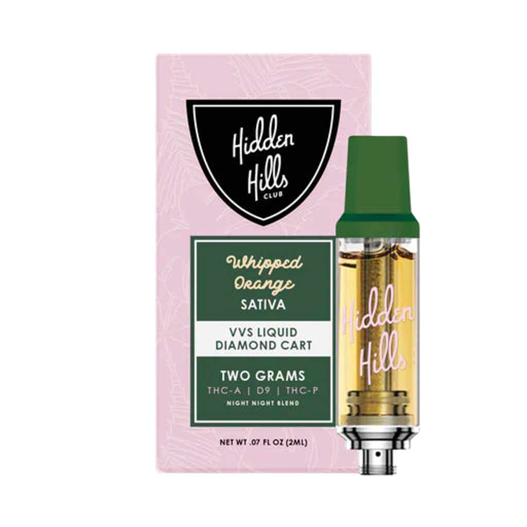 Hidden Hills Night Night Blend 2g VVS Liquid Diamonds Live Resin Cartridge Vape Hidden Hills Whipped Orange Sativa  